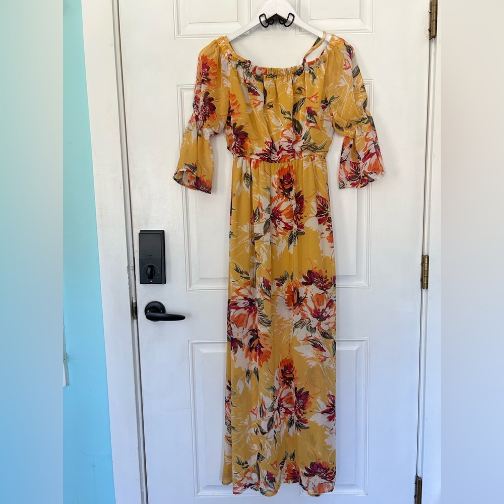 As U Wish Yellow Floral Off-Shoulder Maxi Dress